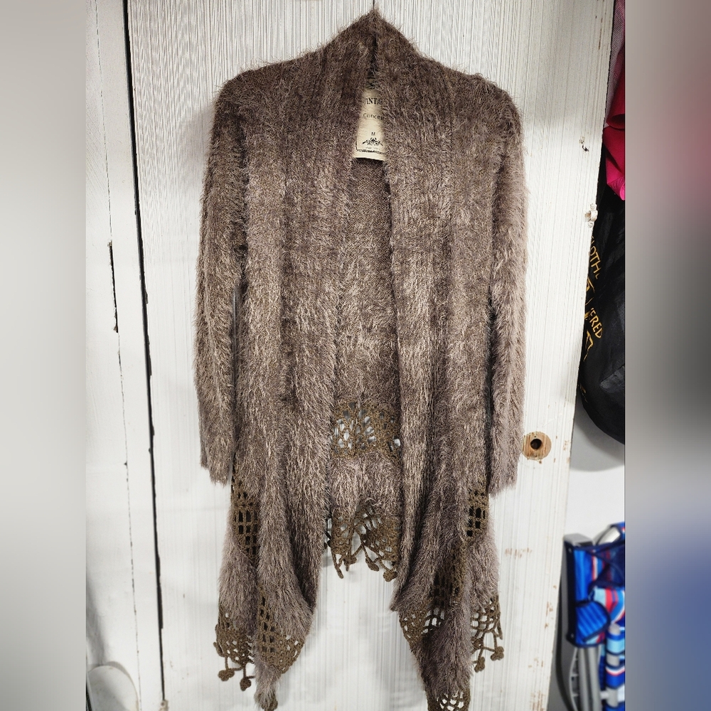 Cozy Brown Knit Scarf Sweater with Lace Accents